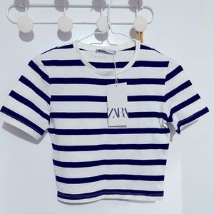 Zara White and navy blue stripped crop top